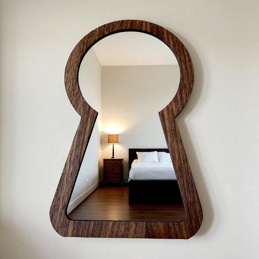 Keyhole-shaped mirror with a brown wood frame hanging on a white wall, reflecting a bedroom interior.