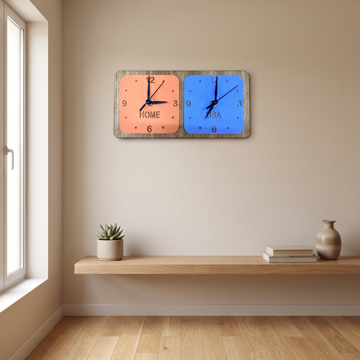 Custom Dual Time Zone Square Desk Clock with Engraved Name