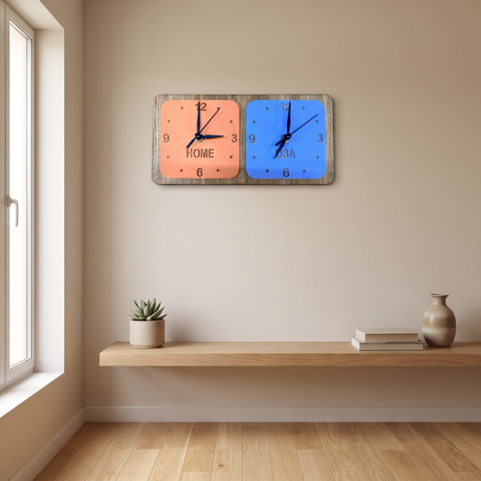 Custom Dual Time Zone Square Desk Clock with Engraved Name