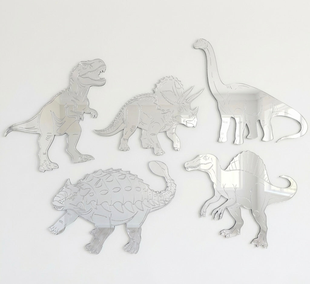 Dinosaur Acrylic Mirror Set, 5 Piece Collection with T-Rex, Triceratops, Brachiosaurus, Spinosaurus, Ankylosaurus