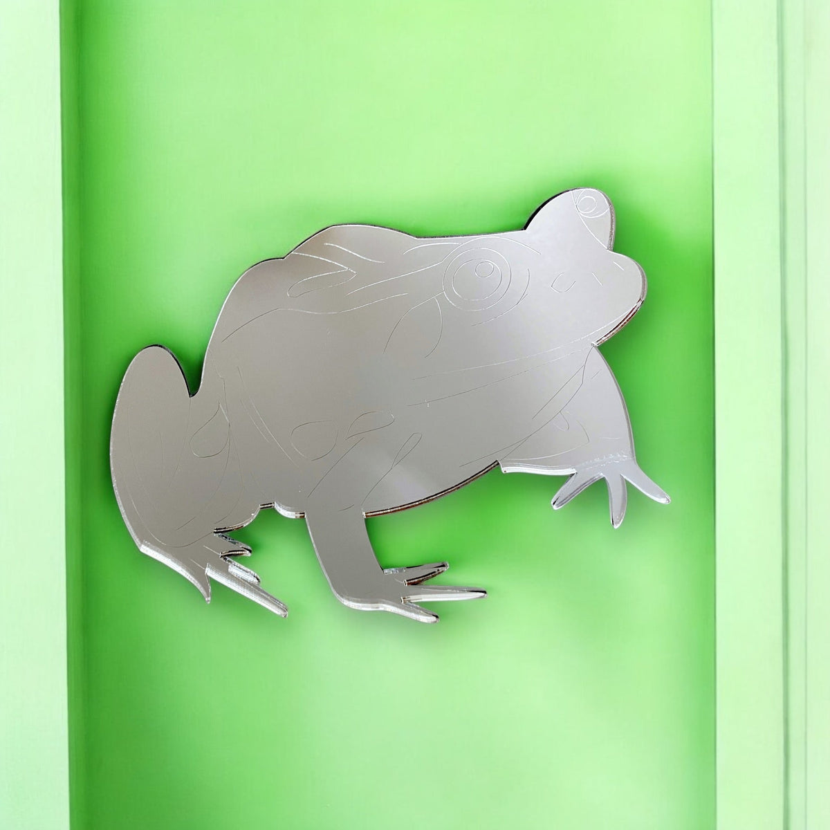 Silver etched frog-shaped mirror mounted on a light green wall.