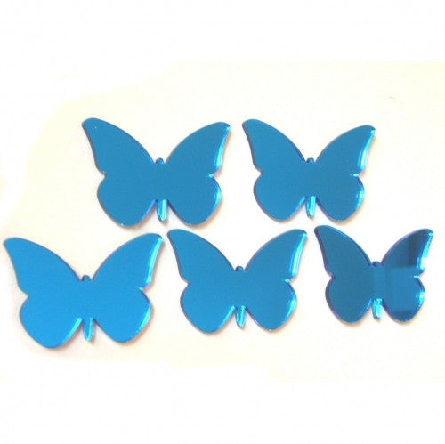 Five blue butterfly-shaped decorative mirrors arranged on a white background.