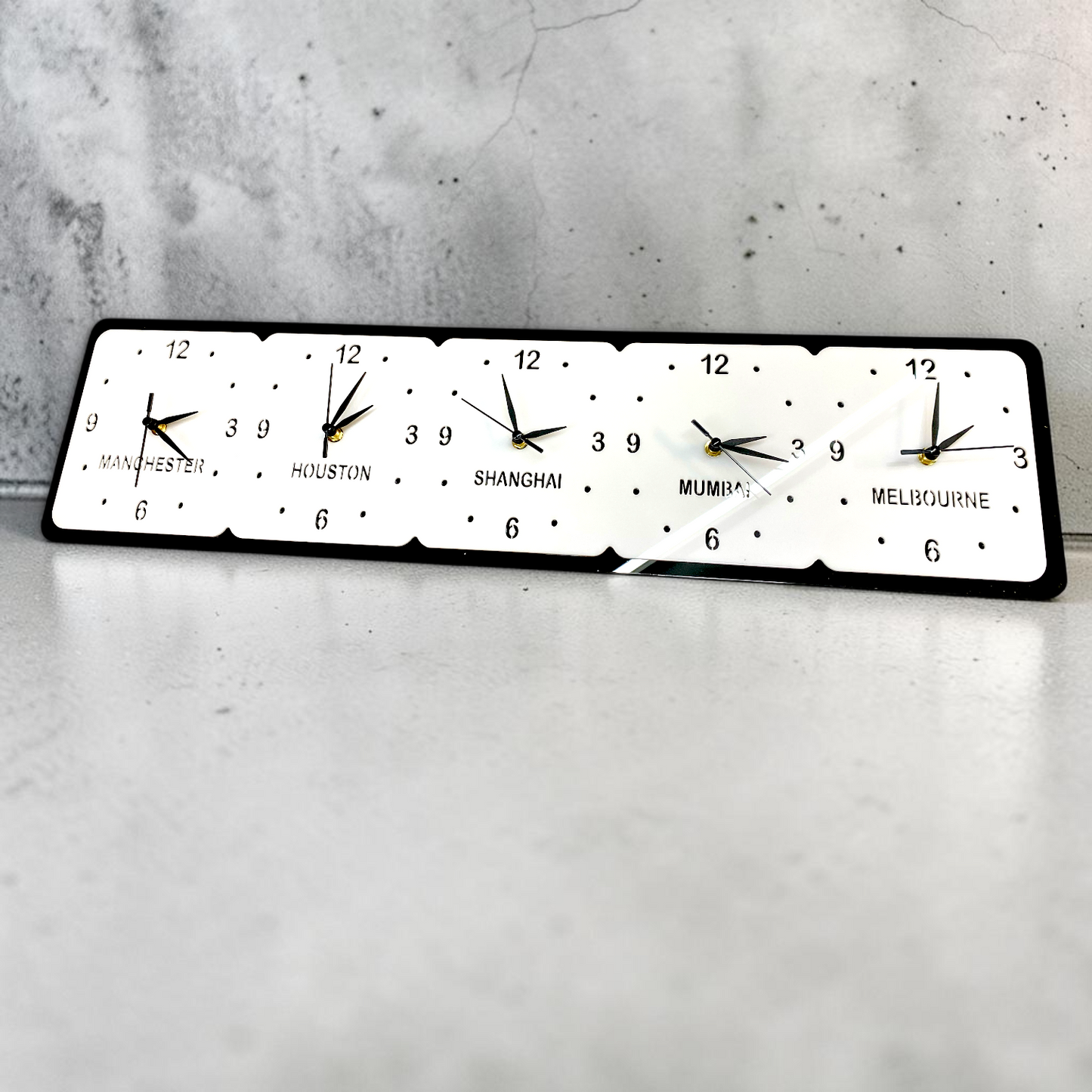 Custom Five Time Zone Clock: Black & White Family Name Wall Decor