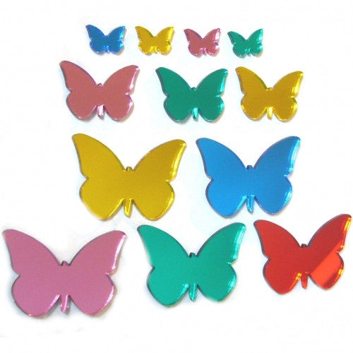 Colorful butterfly-shaped decorative mirrors in various sizes and colors, including pink, yellow, blue, green, and red.