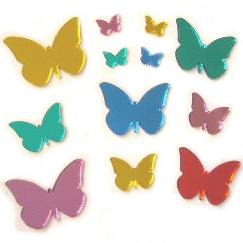 Decorative butterfly mirror bundle in multi-colored acrylic shapes including gold, blue, pink, red, and green.