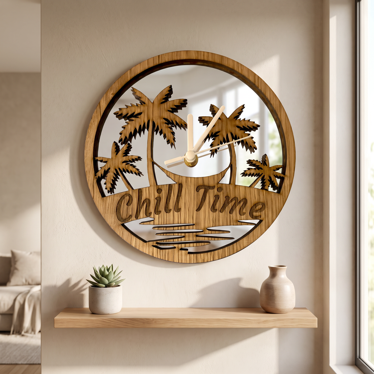 Tropical Beach Wood and Mirrored Wall Clock