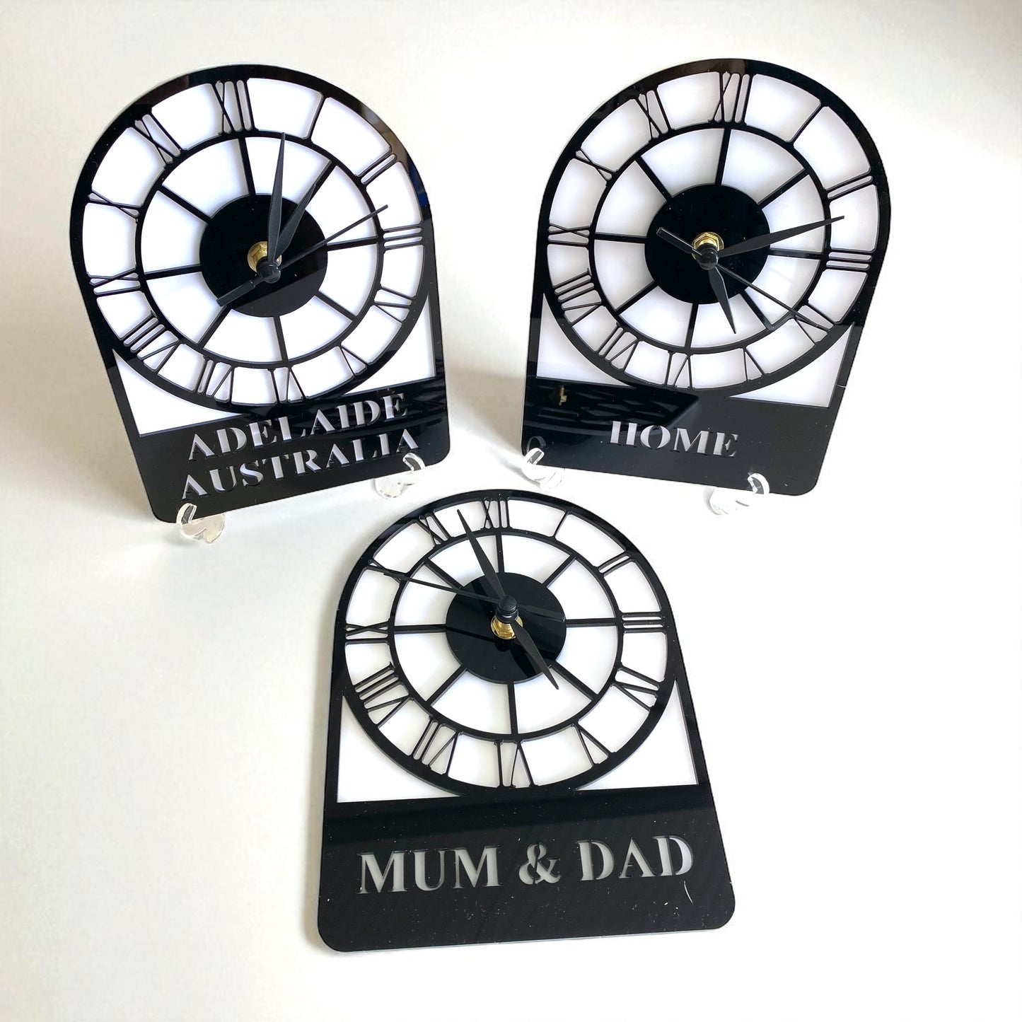 Bespoke Named Skeleton Arched Single Time Zone Clocks & Desk Stand - Many Colour Choices