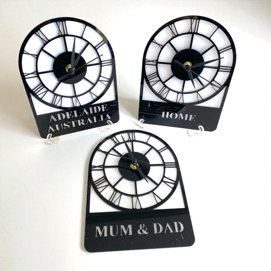 Bespoke Named Skeleton Arched Single Time Zone Clocks & Desk Stand - Many Colour Choices