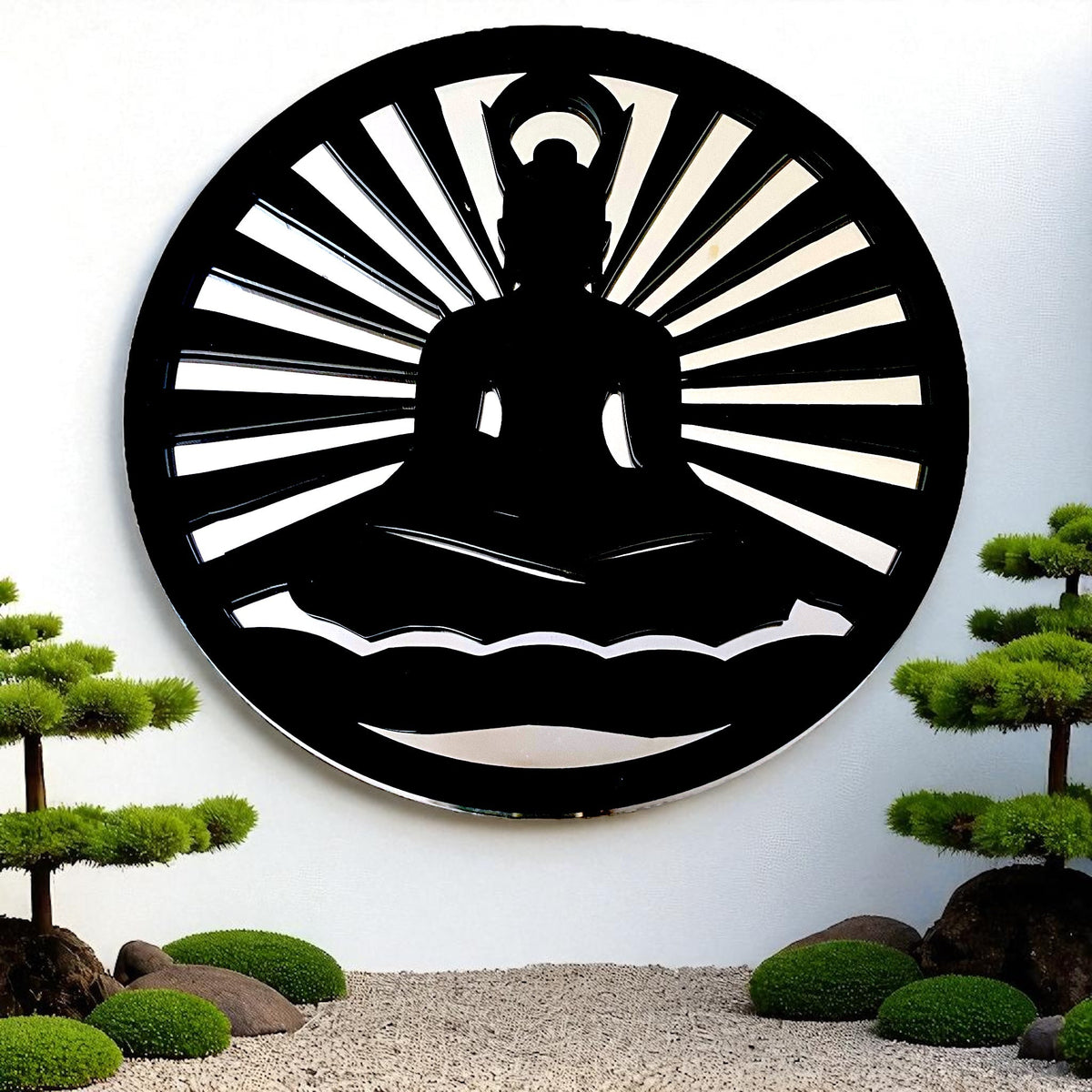 Round black Buddha Garden Mirror featuring a meditating silhouette with radiating beams against a white wall.