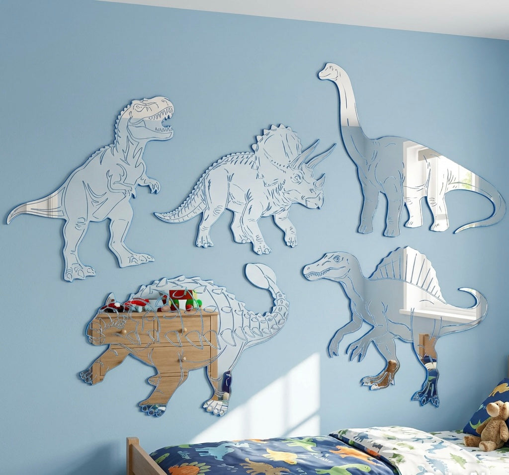 Dinosaur Acrylic Mirror Set, 5 Piece Collection with T-Rex, Triceratops, Brachiosaurus, Spinosaurus, Ankylosaurus