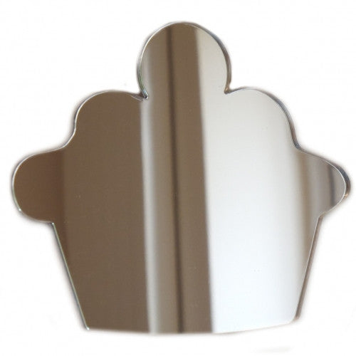Cupcake-shaped reflective glass mirror with smooth edges.
