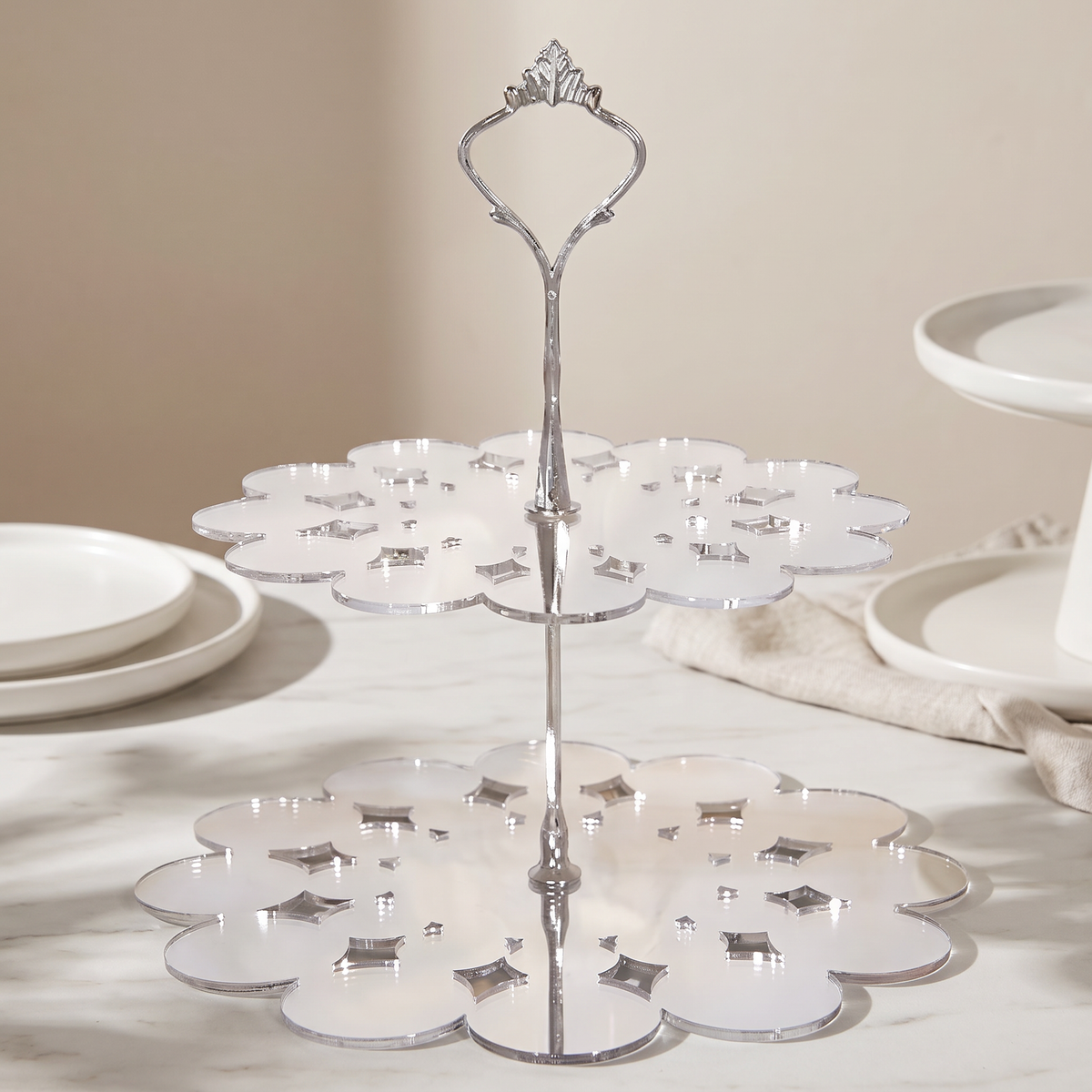 Two-Tier Lace Doily Cake Stand for Wedding Dessert Displays