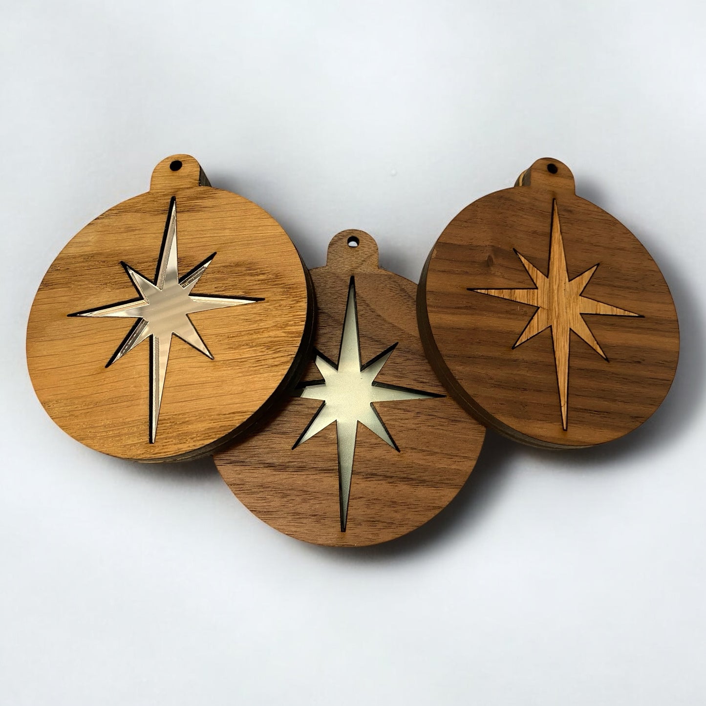 Inlayed Wooden & Mirror Christmas Tree Decorations