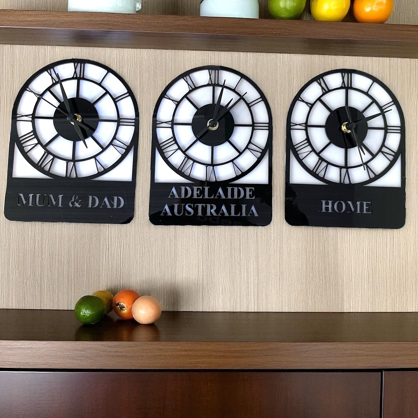 Bespoke Named Skeleton Arched Single Time Zone Clocks & Desk Stand - Many Colour Choices