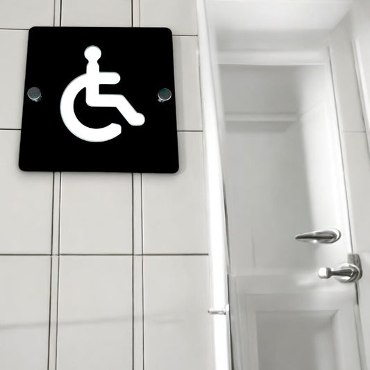 Panneaux de toilettes pour handicapés ronds ou carrés - Couleurs et finitions bois personnalisées, libellés, tailles et formes personnalisés