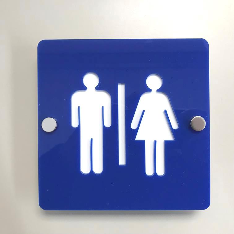 Square blue acrylic toilet sign with white male and female figures mounted with silver standoffs.