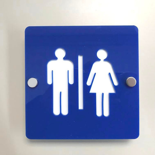 Square blue acrylic toilet sign with white male and female figures mounted with silver standoffs.