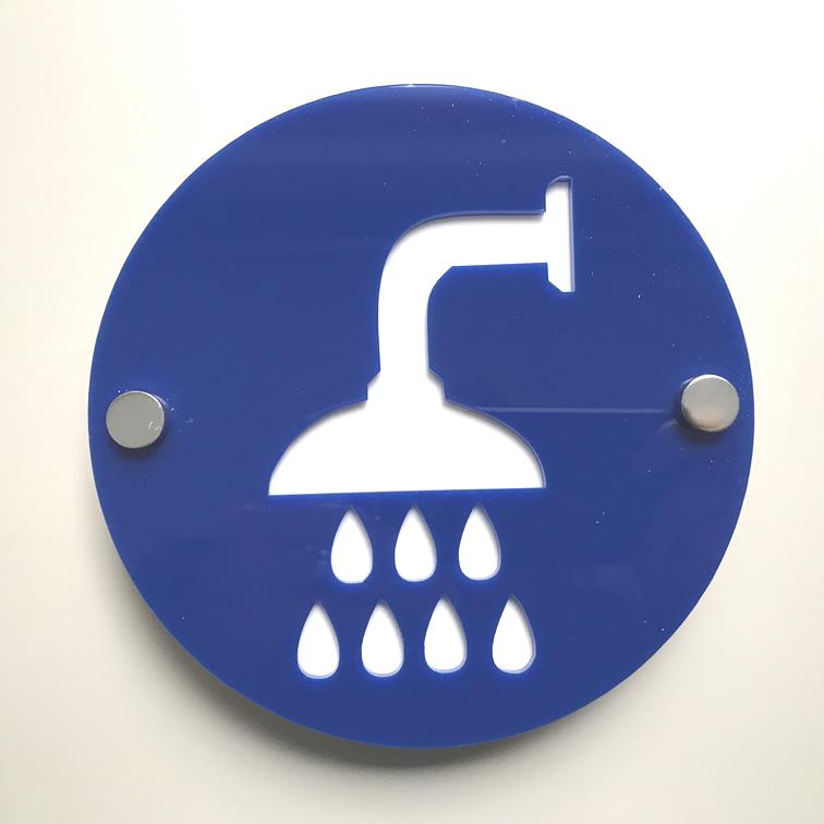 Round blue acrylic shower room sign with a white showerhead icon and metal standoffs.