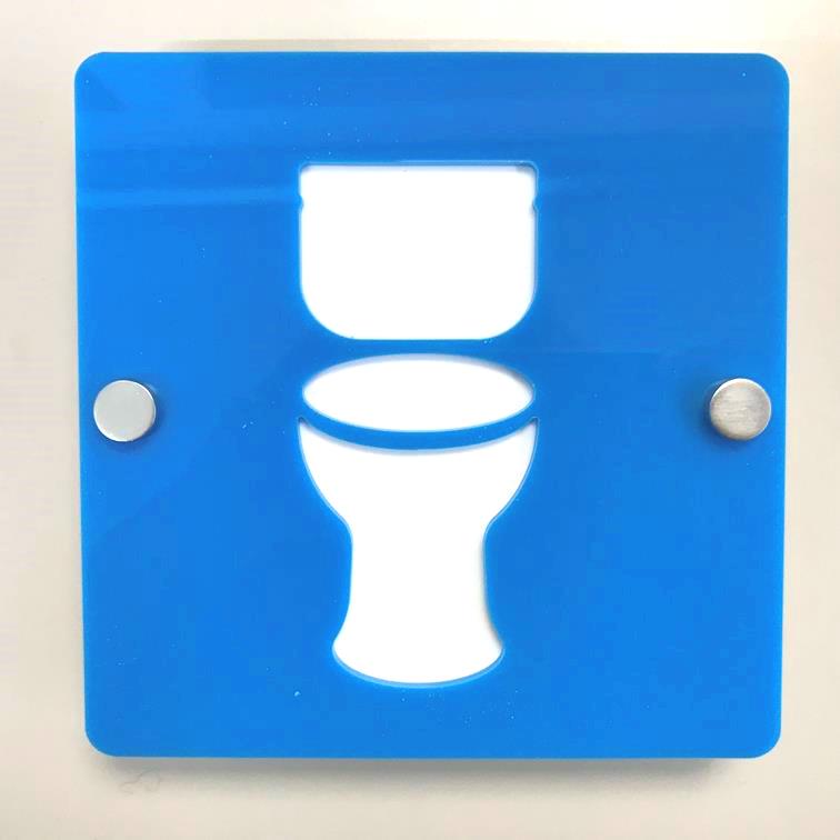 Square blue acrylic toilet sign with a white cutout silhouette and two metal mounting standoffs.