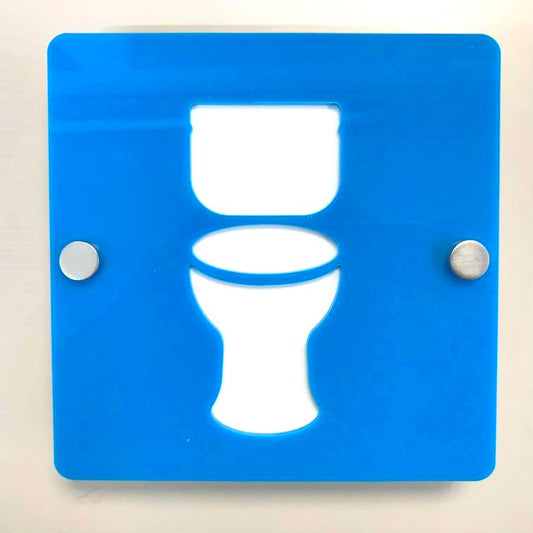 Square blue acrylic toilet sign with a white cutout silhouette and two metal mounting standoffs.
