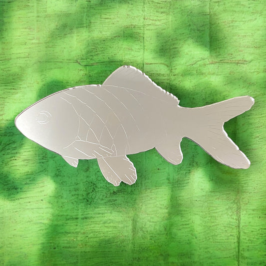 Silver fish-shaped mirror with etched scale lines, displayed against a textured green background.