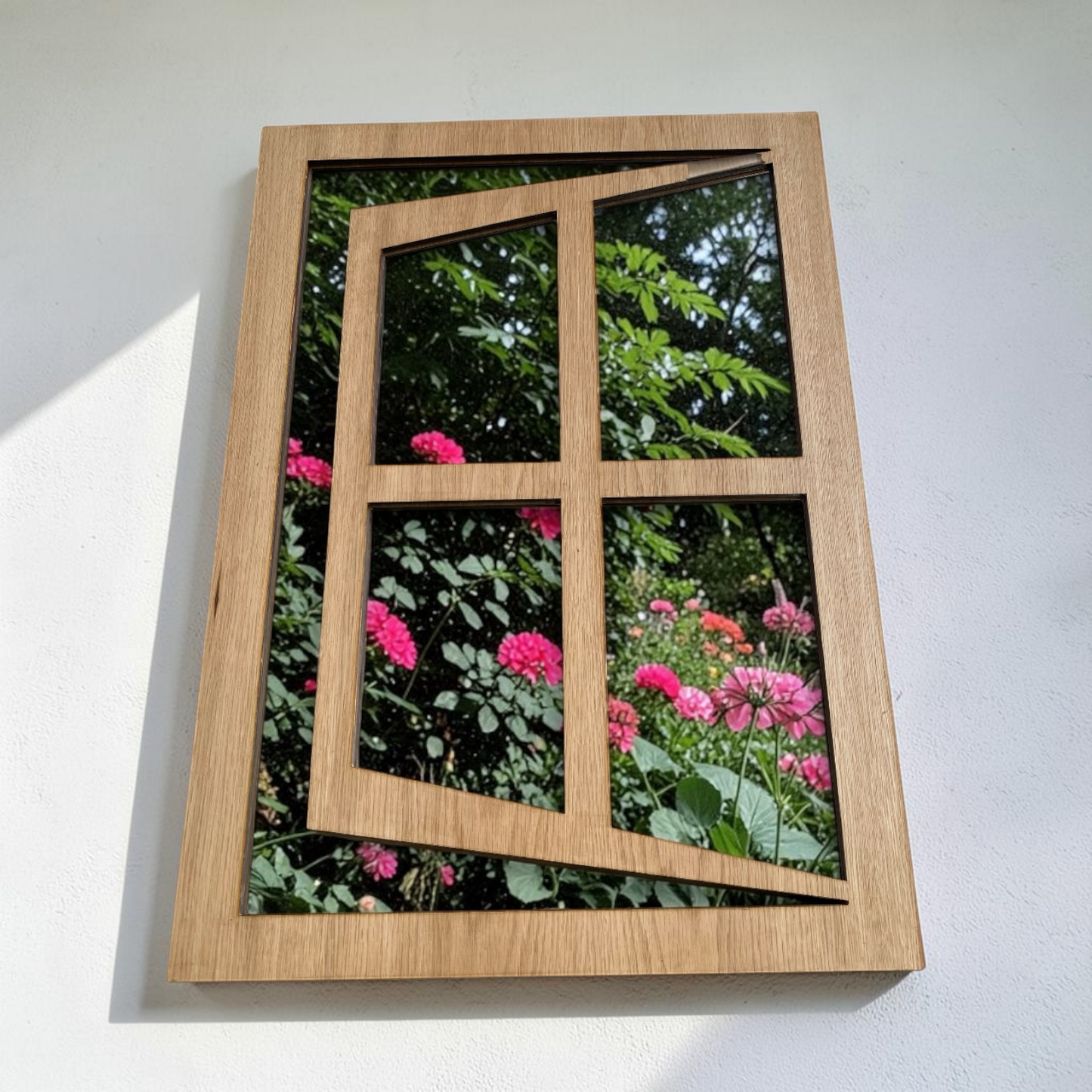 Window Ajar Wooden Garden Mirror
