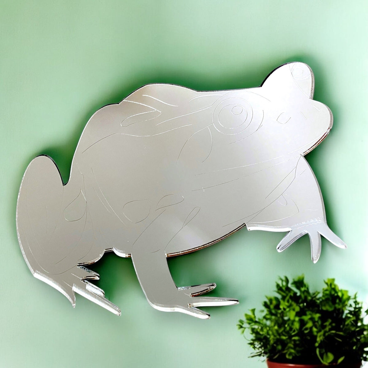A silver frog-shaped mirror with etched details hangs against a solid light green wall.