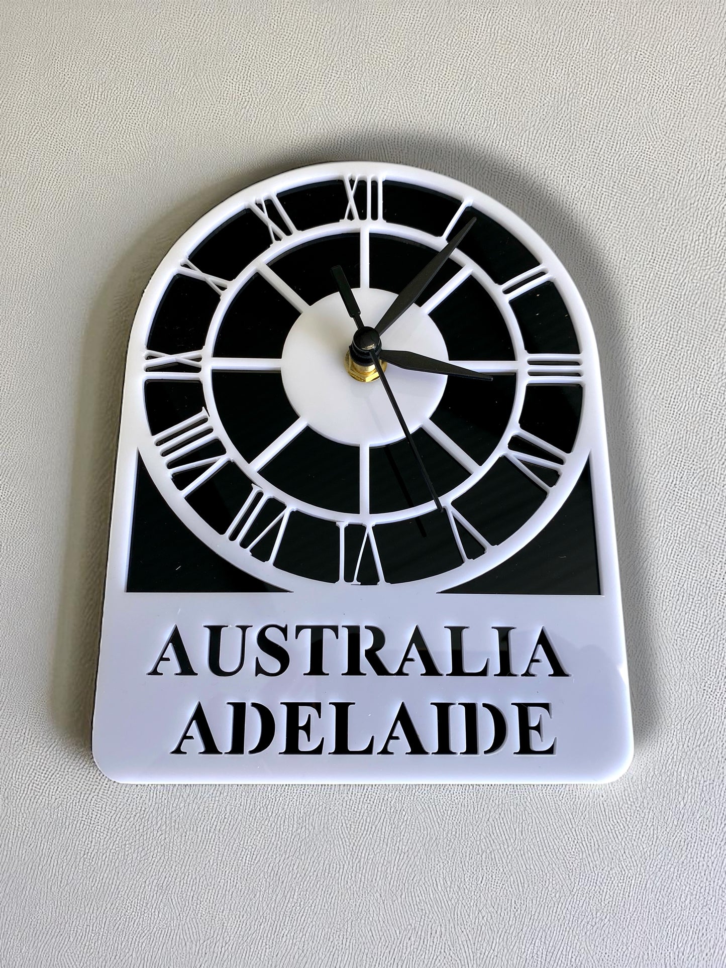 Bespoke Named Skeleton Arched Single Time Zone Clocks & Desk Stand - Many Colour Choices