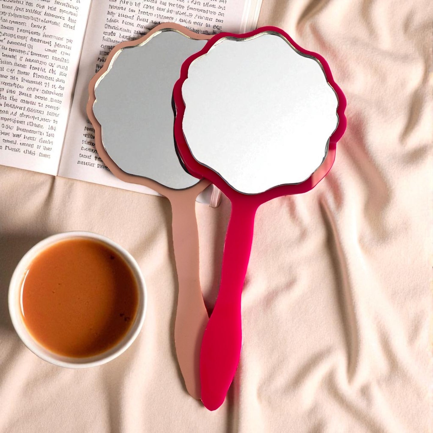 Scalloped Coloured Hand Held Wooden Vanity Mirror, Personalised