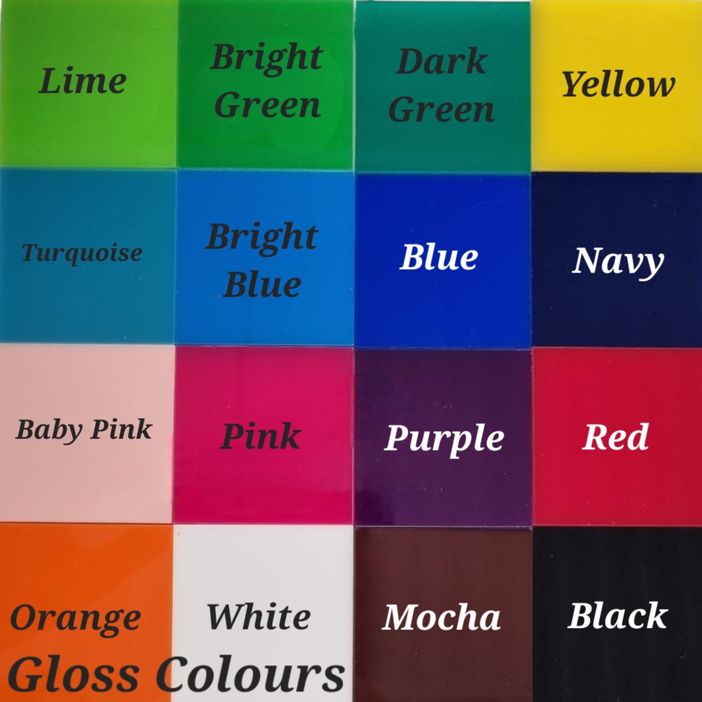 A grid of sixteen glossy acrylic squares showing available cake raiser stand colors with corresponding labels.