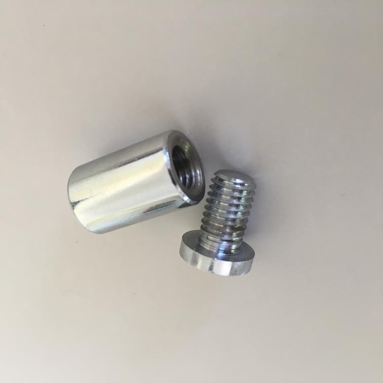Silver metal floating sign standoff hardware, including a threaded cylinder and screw.