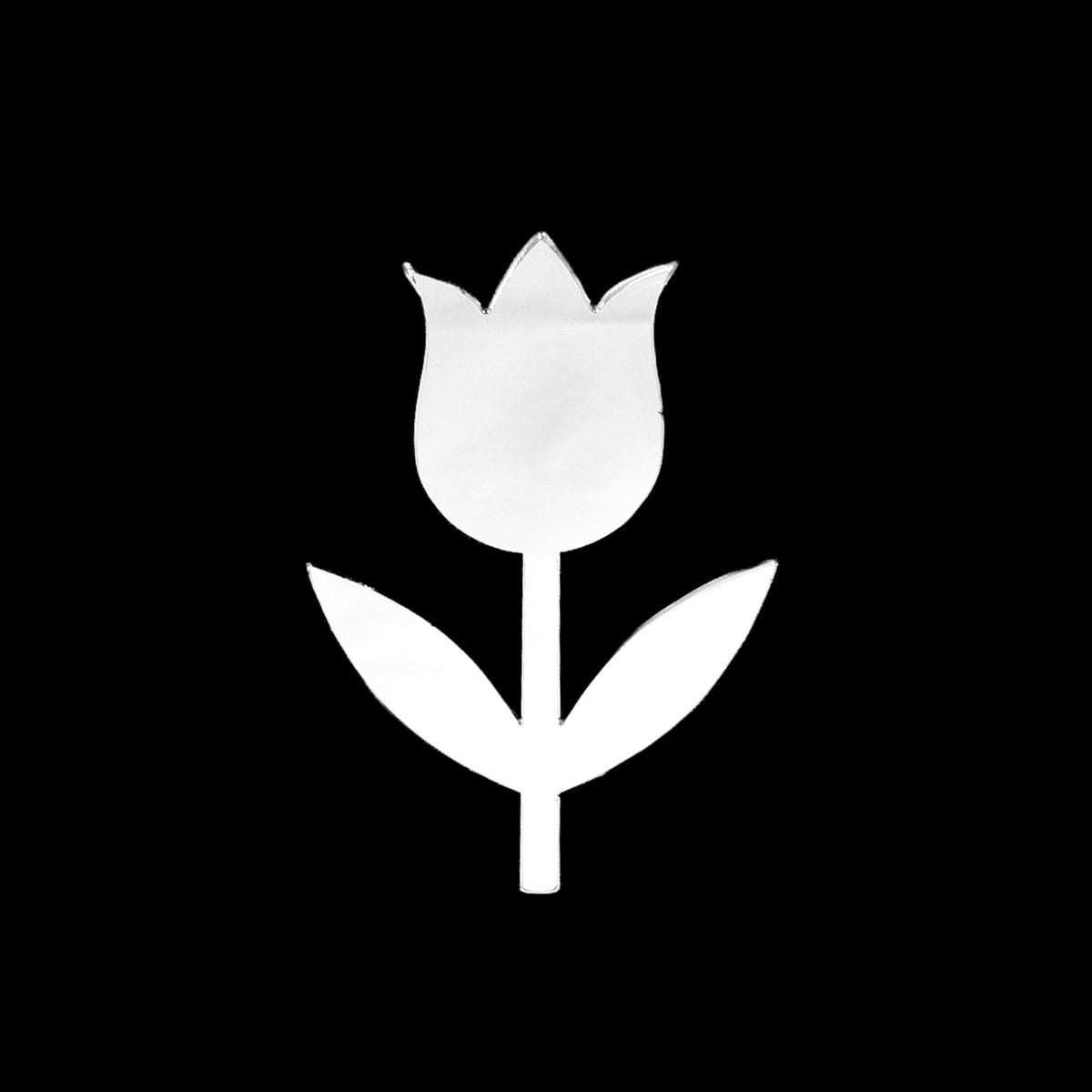Tulip Flower Mirror shaped like a tulip bloom with a stem and two leaves, isolated on black.