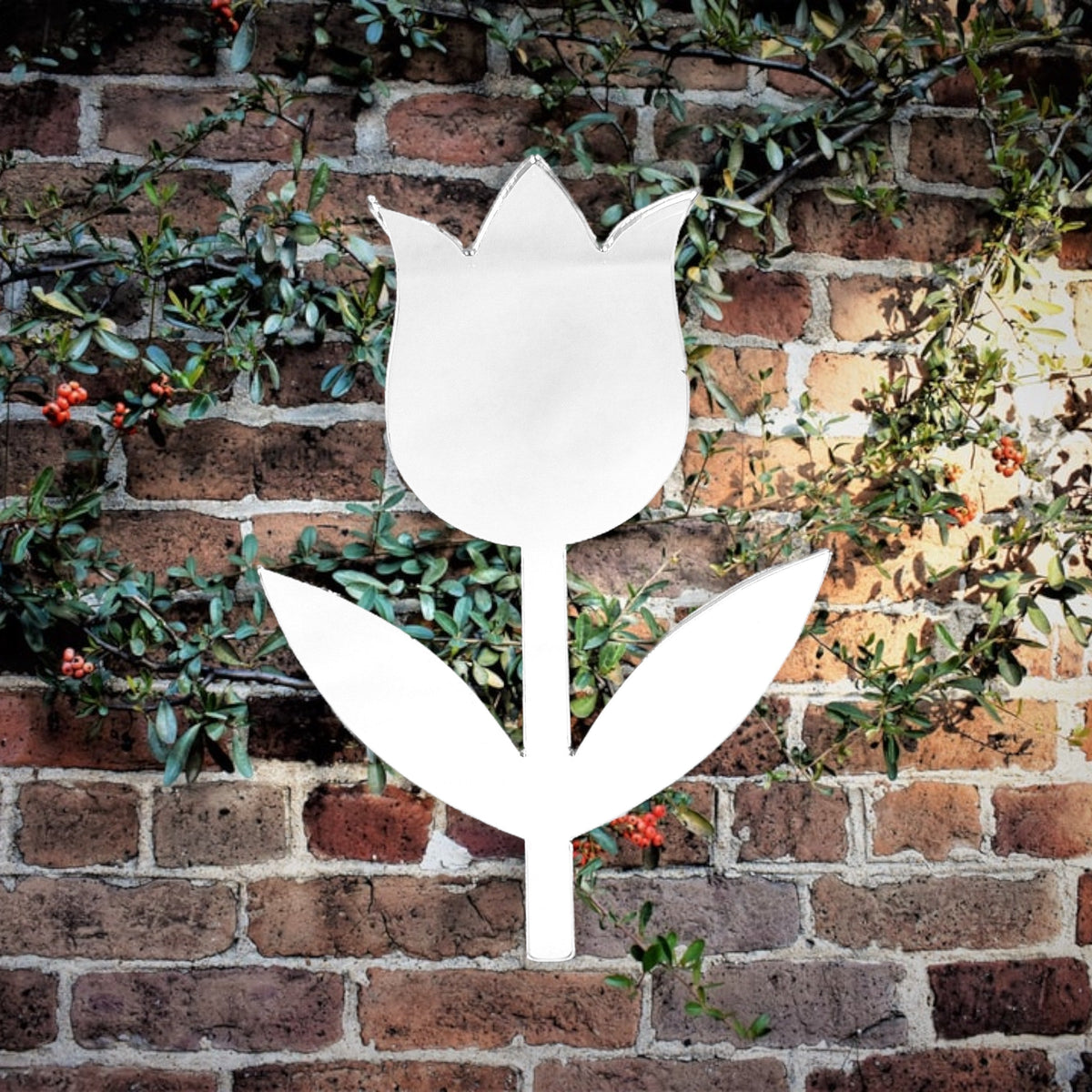 A tulip-shaped silver mirror mounted on a red brick wall with green vines.