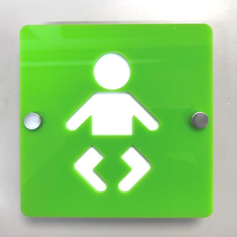 Square green floating baby changing sign with white baby icon and metal standoffs.