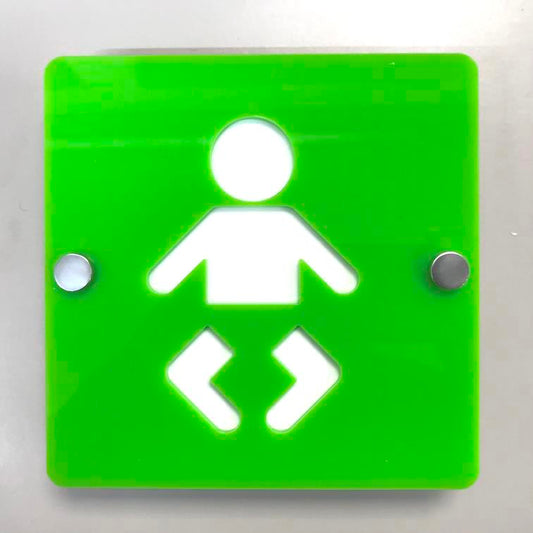 Square green floating baby changing sign with white baby icon and metal standoffs.