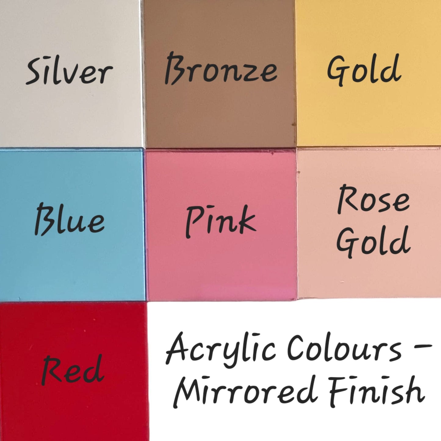 Grid of seven mirrored acrylic color swatches labeled Silver, Bronze, Gold, Blue, Pink, Rose Gold, and Red.