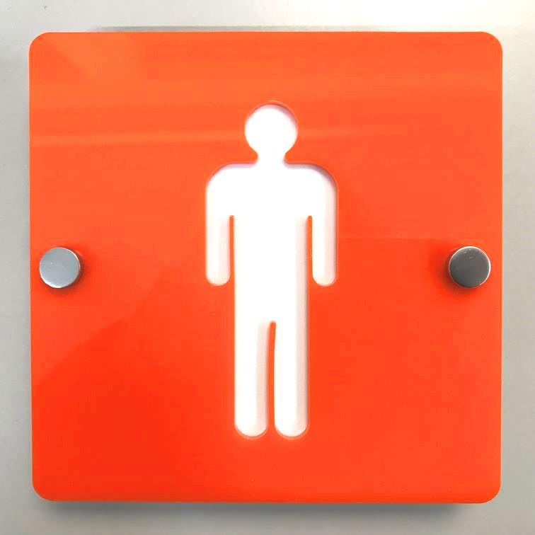 Square orange male toilet sign with a cutout figure, held by two silver standoffs.