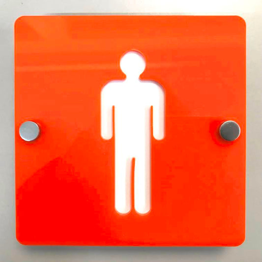 Square orange male toilet sign with a cutout figure, held by two silver standoffs.