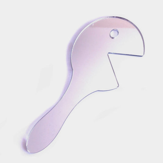 Hungry Man shaped handheld mirror with a reflective surface and a handle.