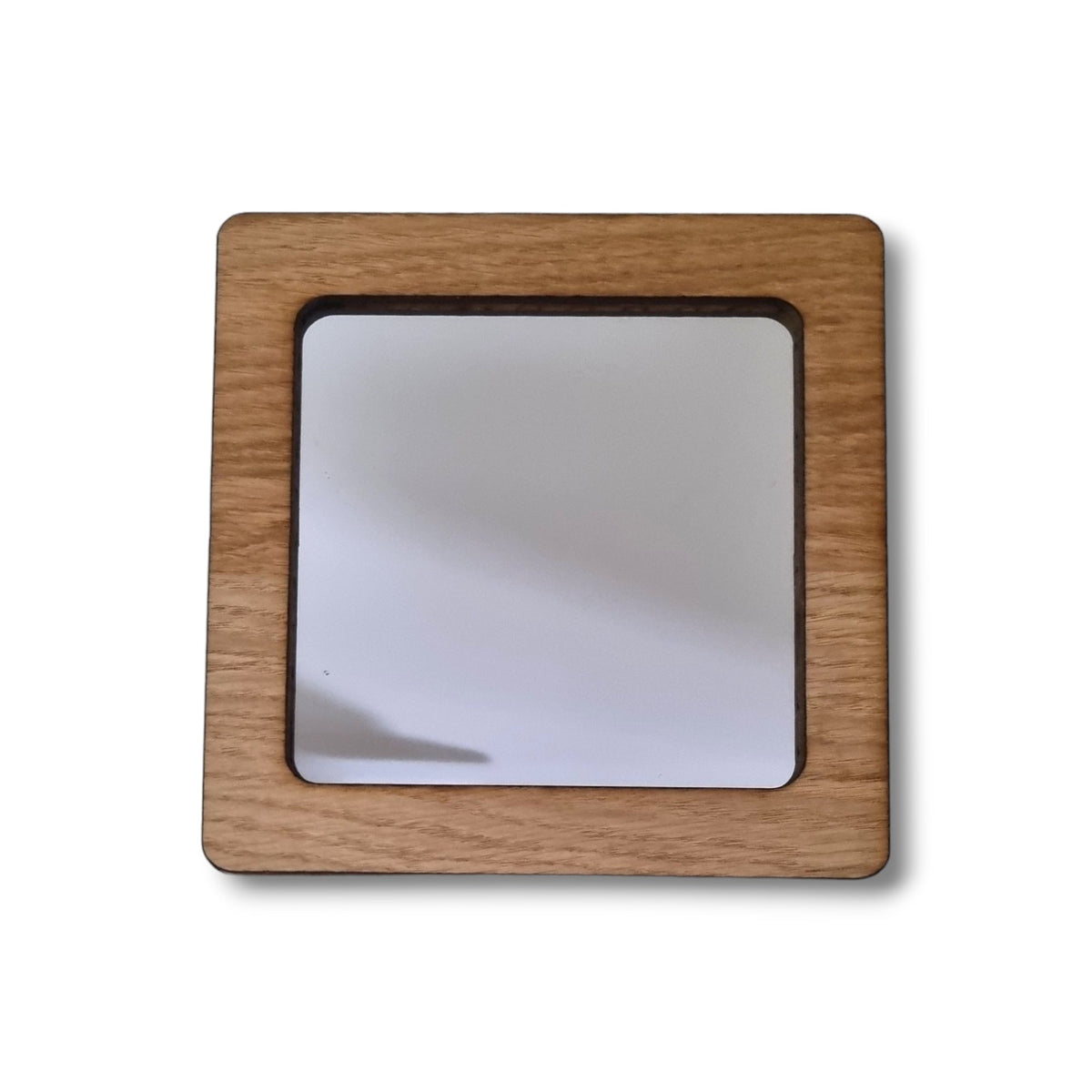 Square wood-framed mirror with light brown grain and rounded corners, isolated on a white background.
