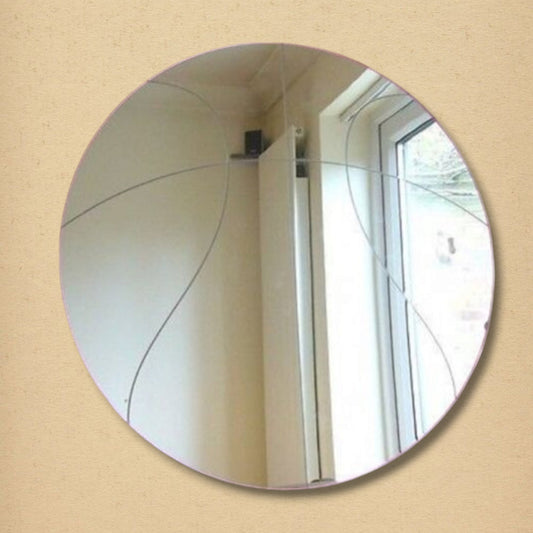 Round glass mirror with segmented curved lines forming a basketball pattern.