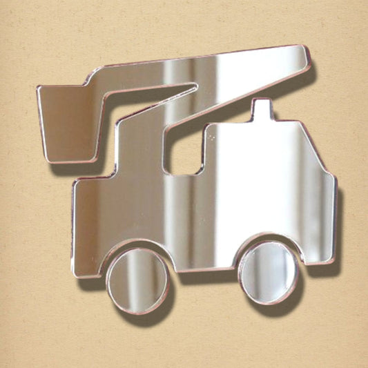 Cherry picker truck-shaped mirror in reflective silver acrylic.