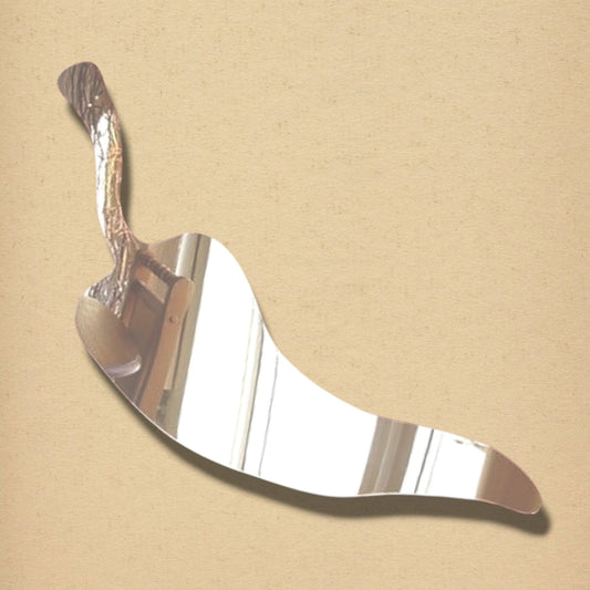 A chili pepper-shaped mirror with a silver reflective surface on a beige background.