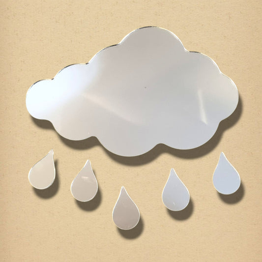 Cloud and raindrop-shaped silver mirrors mounted on a beige background.