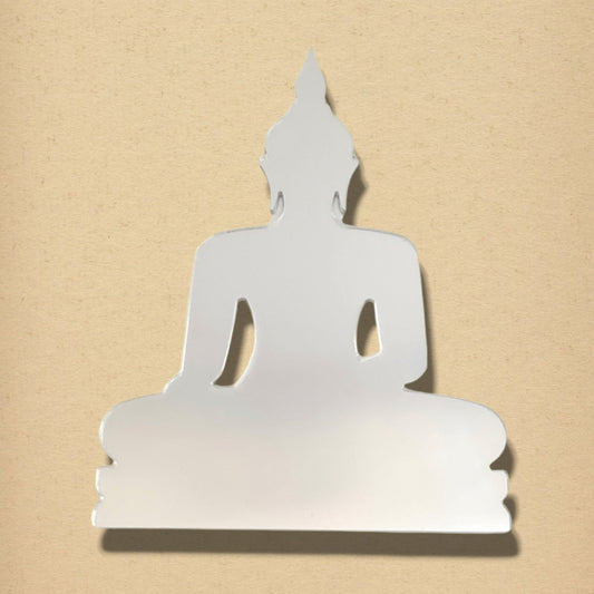 Buddha-shaped silver mirror on a textured tan background.