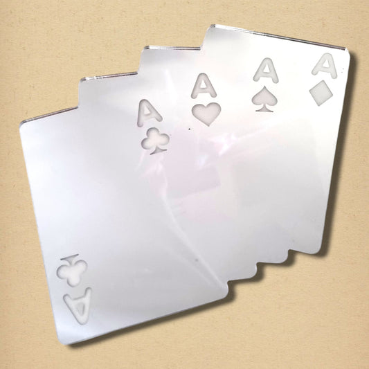 Aces High Mirror shaped like a fan of four ace playing cards in reflective silver.