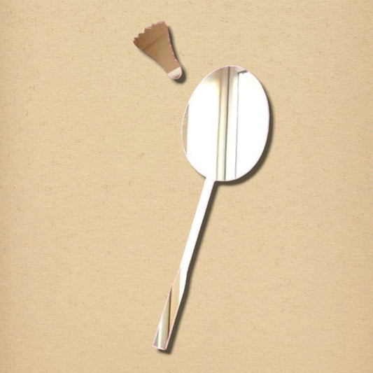 Badminton racket and shuttlecock shaped acrylic mirrors against a light brown textured background.