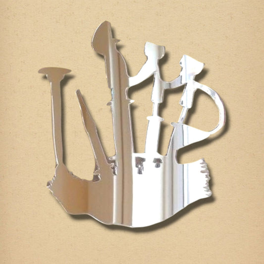 Silver bagpipe-shaped mirror on a textured beige background.