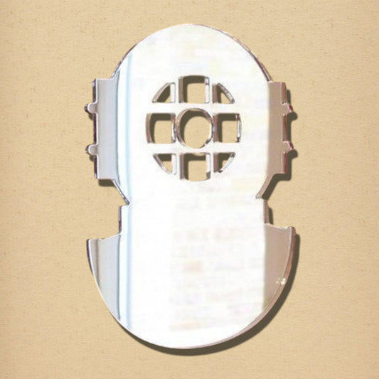 Reflective silver-colored mirror shaped like a vintage deep-sea diving helmet with a grated circular window.