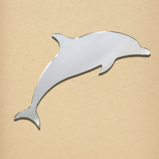 Dolphin-shaped silver mirror on a textured tan background.